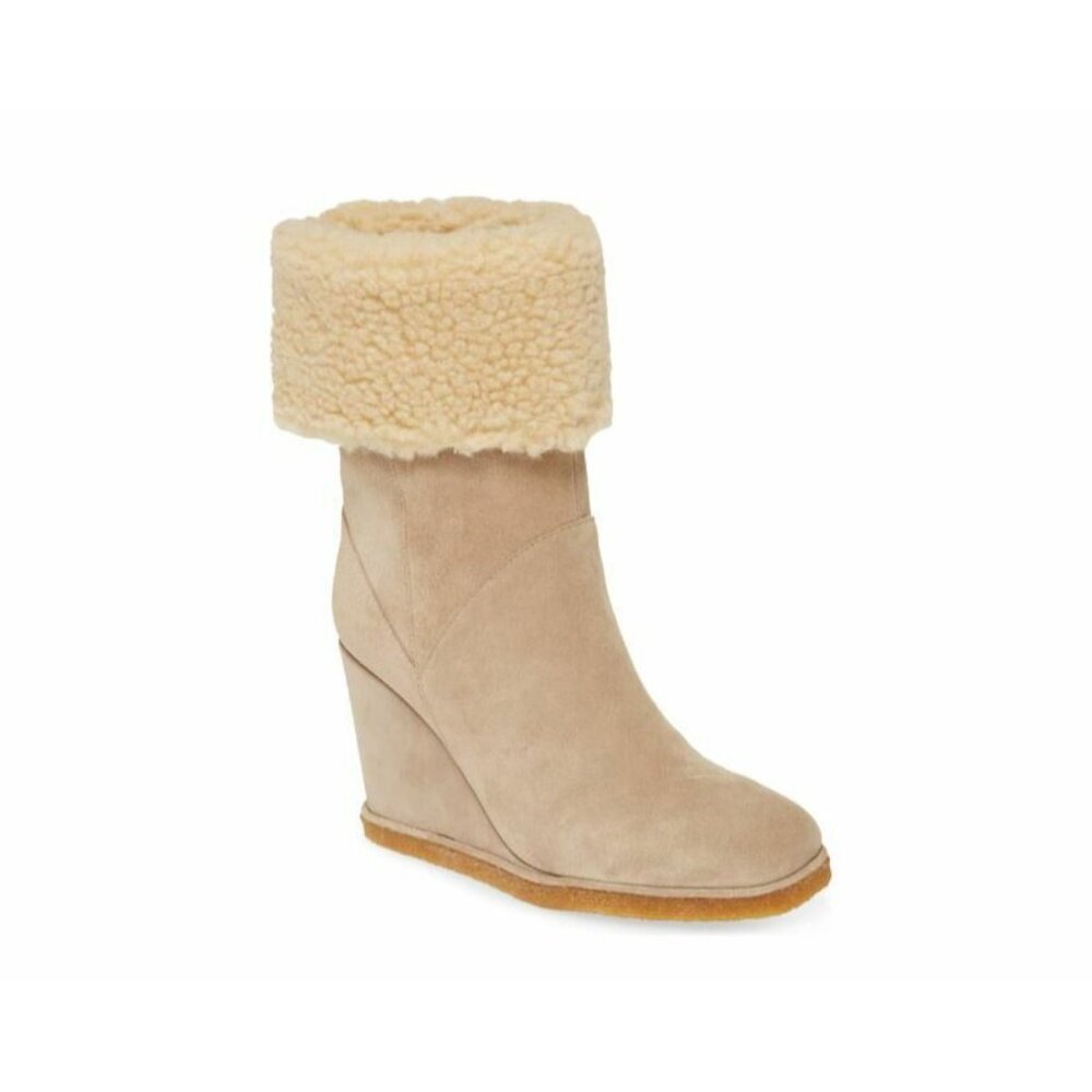 JEFFREY CAMPBELL Suede Leather Wedge Boots Shierling Fur Tan 7.5 NEW $285